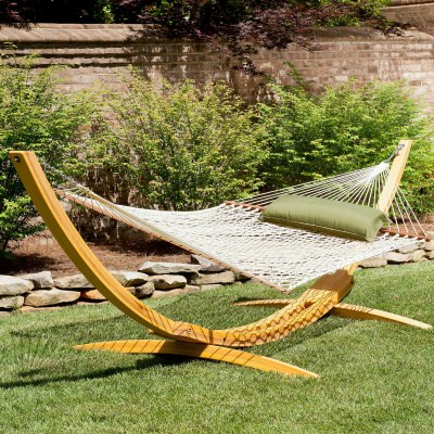 Deluxe Rope Hammock with Wooden Stand and Optional Hammock Pillow